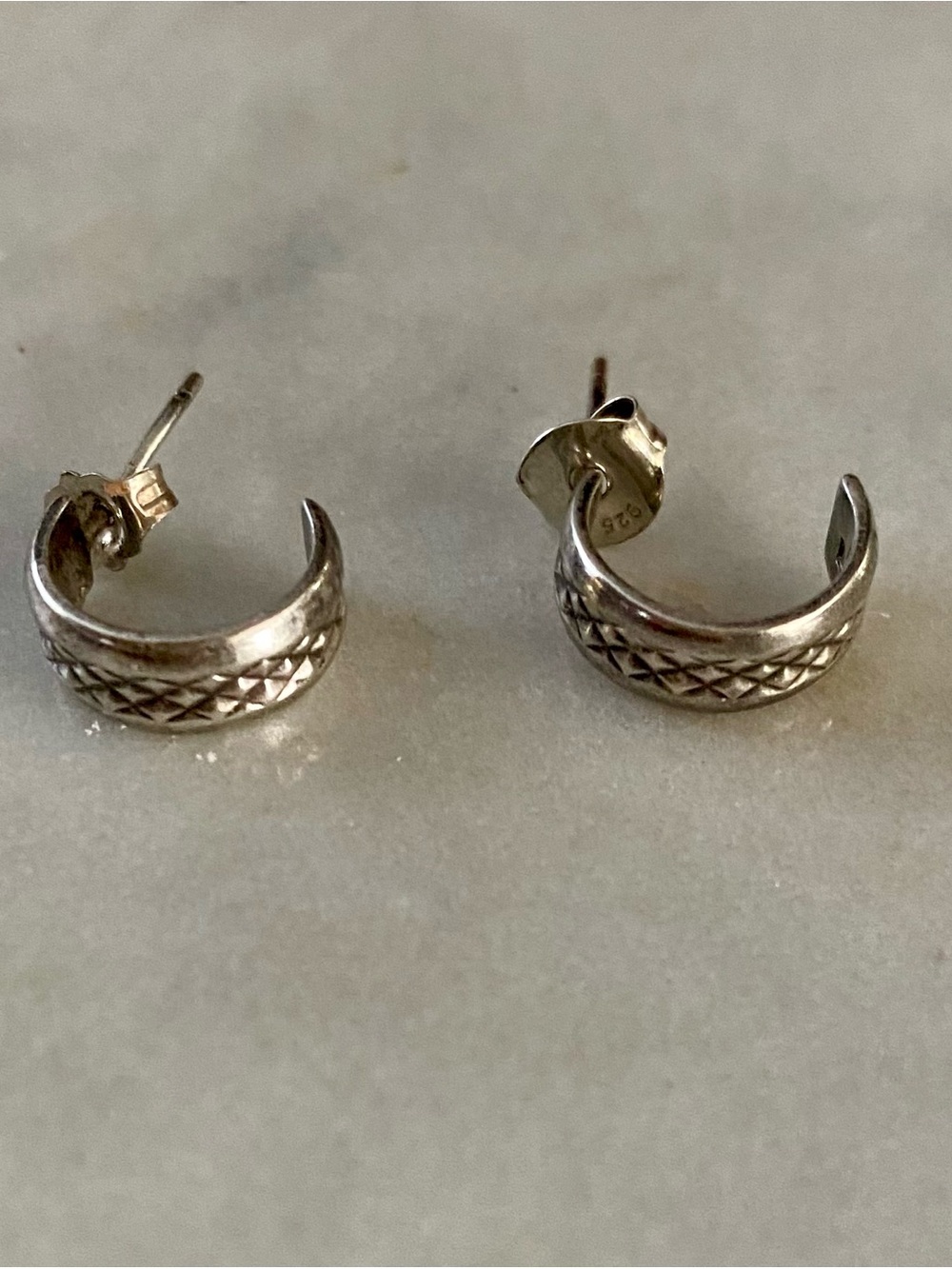 Sterling Silver Half Hoop Stud Earrings Cross Hatch Design 925 VTG